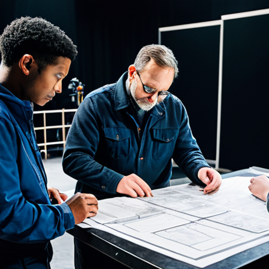 A diverse group of professional theater crew members, including a director, a stage manager, a set designer, and a lighting technician, collaborating intensely backstage in a modern, well-equipped theater. They are fully clothed in modest, professional attire, examining blueprints and discussing a scene with focused expressions. The background shows various theater equipment, props, and technical setups, indicating a bustling production environment. The atmosphere is one of creative synergy and teamwork. Professional photography, high detail, vibrant lighting, perfect anatomy, correct proportions, natural pose, well-formed hands, proper finger count, natural body proportions, safe for work, appropriate content, fully clothed, professional.