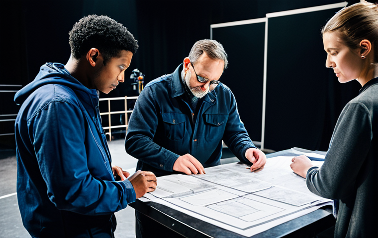A diverse group of professional theater crew members, including a director, a stage manager, a set designer, and a lighting technician, collaborating intensely backstage in a modern, well-equipped theater. They are fully clothed in modest, professional attire, examining blueprints and discussing a scene with focused expressions. The background shows various theater equipment, props, and technical setups, indicating a bustling production environment. The atmosphere is one of creative synergy and teamwork. Professional photography, high detail, vibrant lighting, perfect anatomy, correct proportions, natural pose, well-formed hands, proper finger count, natural body proportions, safe for work, appropriate content, fully clothed, professional.