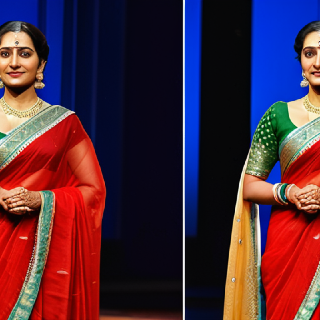 **

"A distinguished actress in a modest, elegant saree, onstage during a theatrical performance, fully clothed, appropriate attire, safe for work, perfect anatomy, natural proportions, professional stage lighting, rich colors, family-friendly."

**