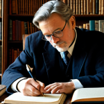 Playwright at Work**

"A professional playwright, fully clothed in modest attire, sitting at a vintage wooden desk in a study filled with books. He is holding a pen and writing in a notebook, with a thoughtful expression. Warm, natural lighting. Safe for work, appropriate content, professional, perfect anatomy, correct proportions, natural pose, well-formed hands, proper finger count, natural body proportions."

**