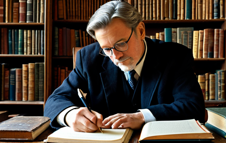 Playwright at Work**

"A professional playwright, fully clothed in modest attire, sitting at a vintage wooden desk in a study filled with books. He is holding a pen and writing in a notebook, with a thoughtful expression. Warm, natural lighting. Safe for work, appropriate content, professional, perfect anatomy, correct proportions, natural pose, well-formed hands, proper finger count, natural body proportions."

**