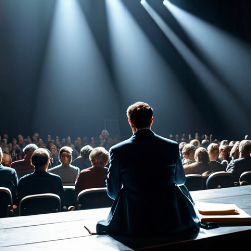**

A theater stage bathed in light, with a fully clothed actor performing. In the background, a critic sits in the audience, taking notes. The scene should be professional and safe for work, with appropriate attire and perfect anatomy. High-quality rendering, natural proportions, modest clothing.

**