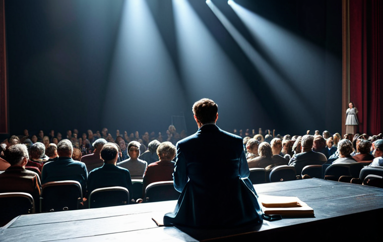 **

A theater stage bathed in light, with a fully clothed actor performing. In the background, a critic sits in the audience, taking notes. The scene should be professional and safe for work, with appropriate attire and perfect anatomy. High-quality rendering, natural proportions, modest clothing.

**