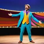 "A professional stage actor, fully clothed in a modest, colorful costume, performing a lighthearted comedic scene on a well-lit stage with a vibrant backdrop. Perfect anatomy, correct proportions, natural pose, well-formed hands, proper finger count, natural body proportions, safe for work, appropriate content, fully clothed, professional, family-friendly."