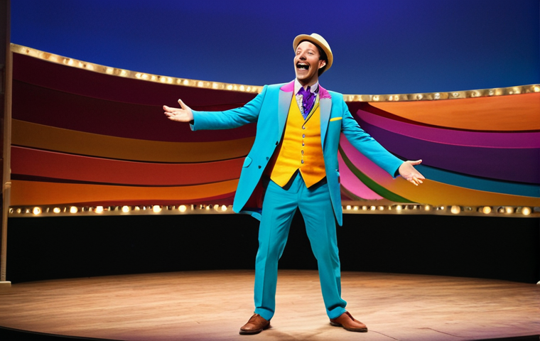 "A professional stage actor, fully clothed in a modest, colorful costume, performing a lighthearted comedic scene on a well-lit stage with a vibrant backdrop. Perfect anatomy, correct proportions, natural pose, well-formed hands, proper finger count, natural body proportions, safe for work, appropriate content, fully clothed, professional, family-friendly."