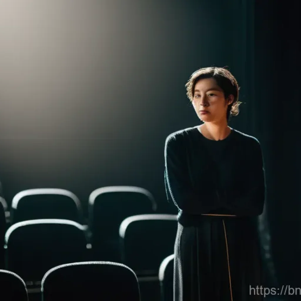 연극배우의 발성 장애 극복 - A performing artist, gender-neutral, wearing a stylish and modest contemporary stage outfit, stands ...