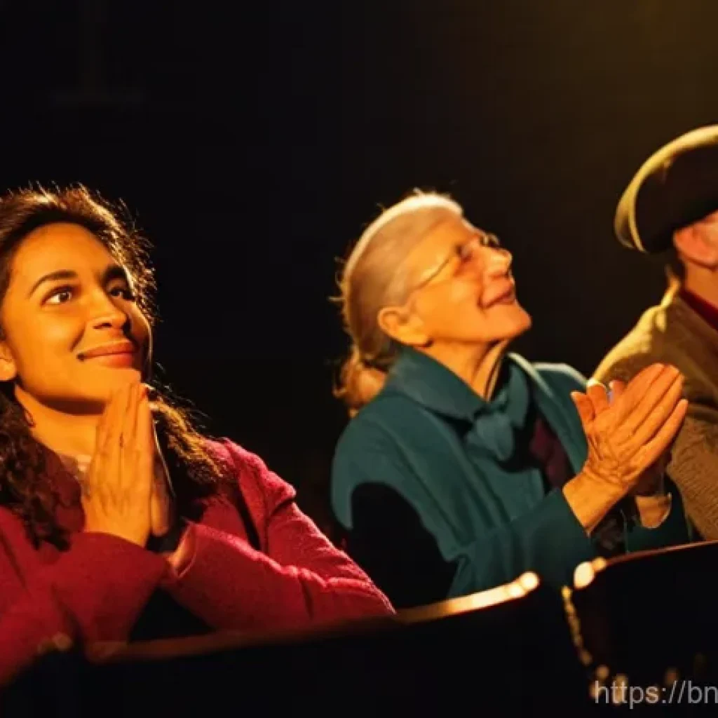 연극배우와 관객층 분석 - **Prompt:** A captivating shot of a diverse theater audience, illuminated by the warm, atmospheric g...