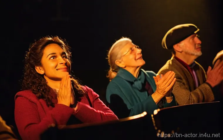 연극배우와 관객층 분석 - **Prompt:** A captivating shot of a diverse theater audience, illuminated by the warm, atmospheric g...
