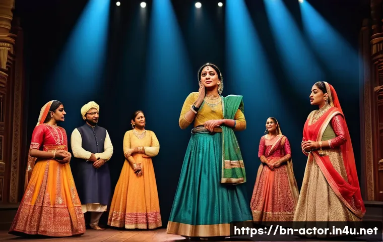 연극배우와 창작 연극 발전 - A vibrant stage scene showing a diverse group of Bengali actors performing a realistic play, dressed...