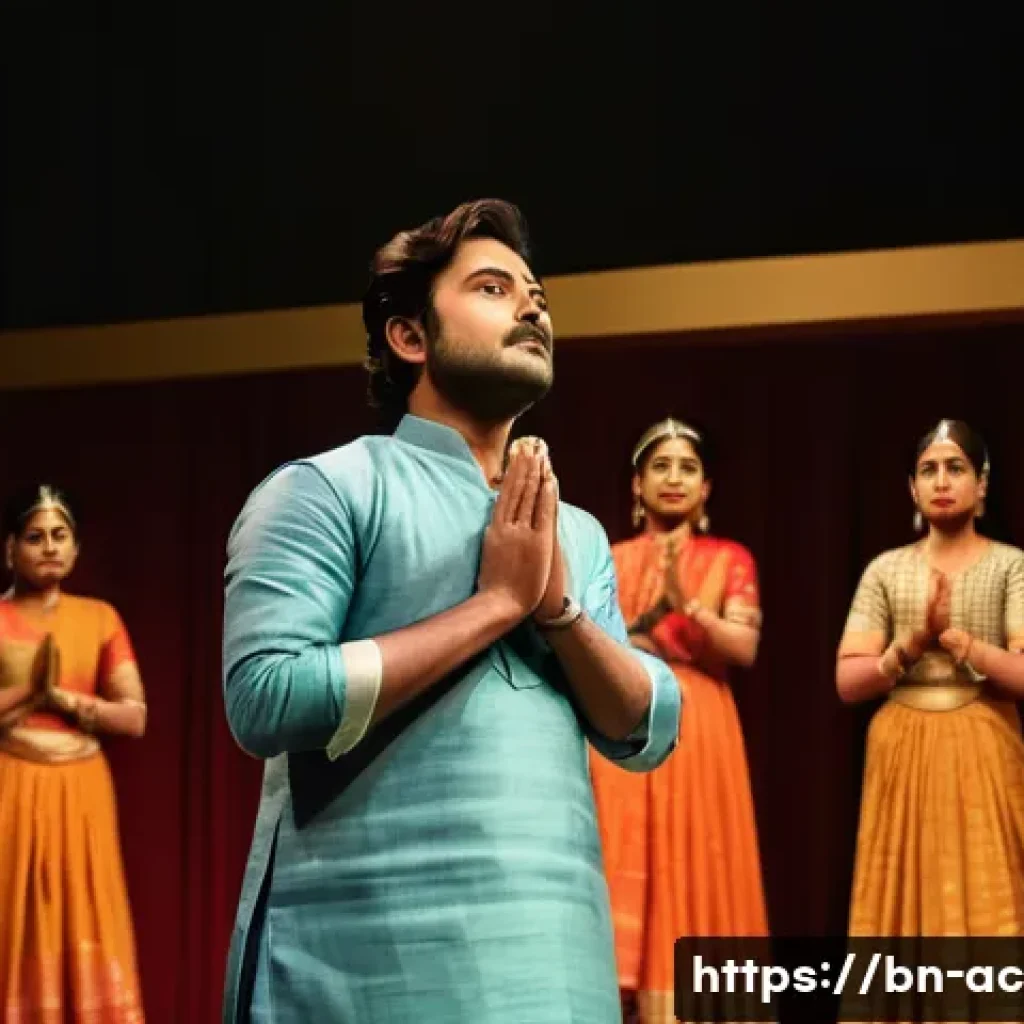 연극배우 필수 이론 - A theatrical stage scene featuring a Bengali actor deeply immersed in character insight, wearing tra...