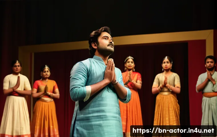 연극배우 필수 이론 - A theatrical stage scene featuring a Bengali actor deeply immersed in character insight, wearing tra...