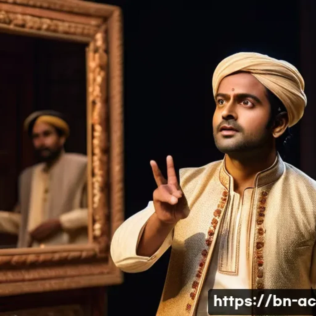 연극배우 중점 과목 - A talented Bengali stage actor practicing expressive body language in front of a large mirror, weari...