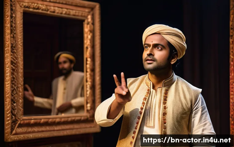 연극배우 중점 과목 - A talented Bengali stage actor practicing expressive body language in front of a large mirror, weari...