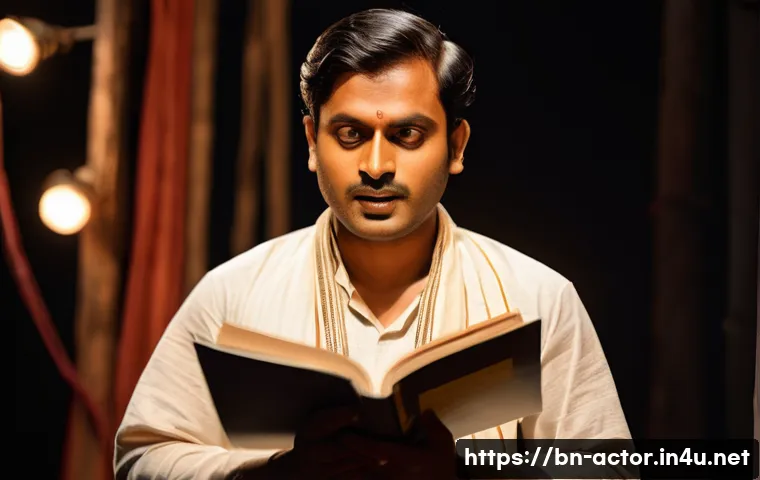 연극배우로서의 평생 학습 - A detailed portrait of a Bengali actor preparing backstage for a theatrical performance, dressed in ...