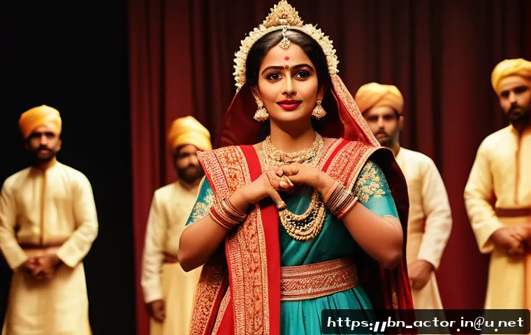 연극배우의 공연 홍보 전략 - A talented Bengali theater artist performing on stage in traditional attire, wearing elegant yet mod...