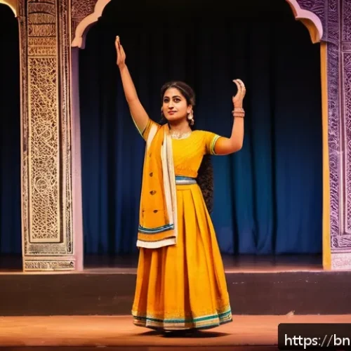 Home 33 연극배우로서의 직업 안정성 - A confident Bengali theater artist standing on a traditional stage, wearing modest stage-appropriate...