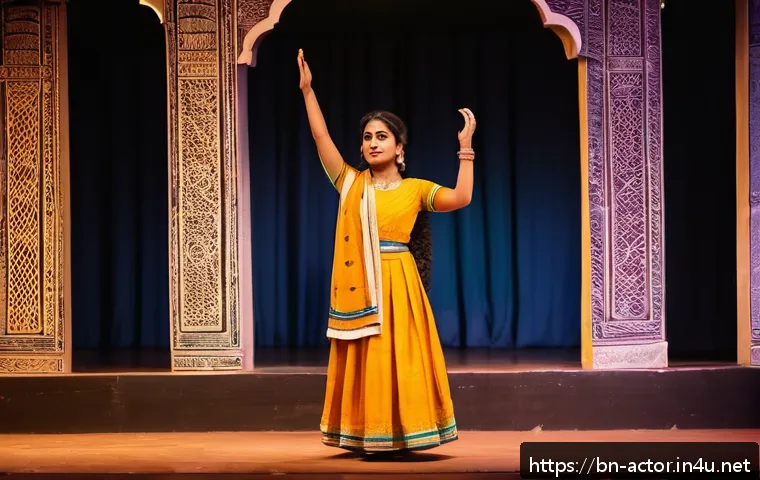 연극배우로서의 직업 안정성 - A confident Bengali theater artist standing on a traditional stage, wearing modest stage-appropriate...