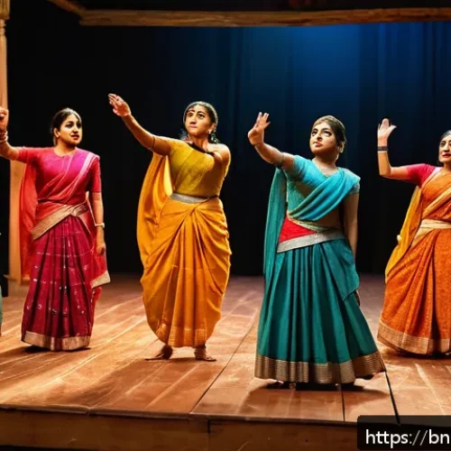 Home 32 연극배우 워크숍 참여 후기 - A diverse group of young Bengali actors practicing together in a vibrant theater workshop setting, w...