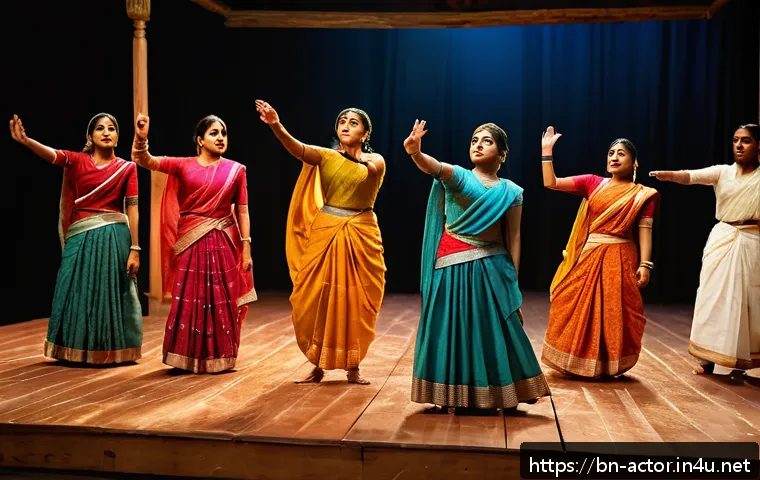 연극배우 워크숍 참여 후기 - A diverse group of young Bengali actors practicing together in a vibrant theater workshop setting, w...