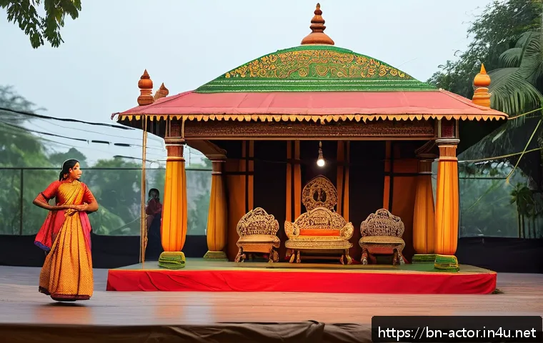 연극배우와 연극학 이론 - A detailed theatrical stage set inspired by Bengali traditional drama, featuring vibrant local color...