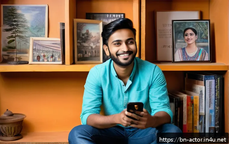 연극배우의 소셜미디어 활용 - A young Bengali theater artist sharing his creative process on social media, sitting in a cozy, well...