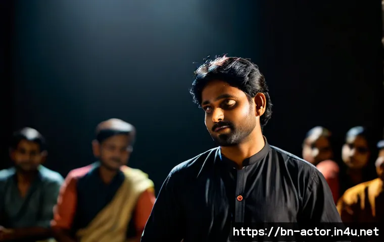 연극배우의 즉흥 무대 경험 - Photorealistic theatrical scene of a Bengali stage actor improvising alone under a warm spotlight, e...